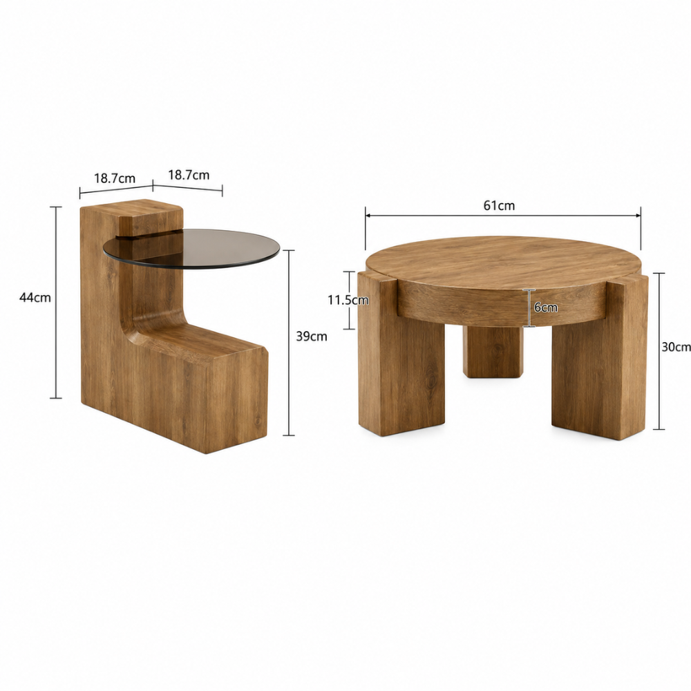 Table basse en verre et bois — ensemble modulable 2 tables, design rond
