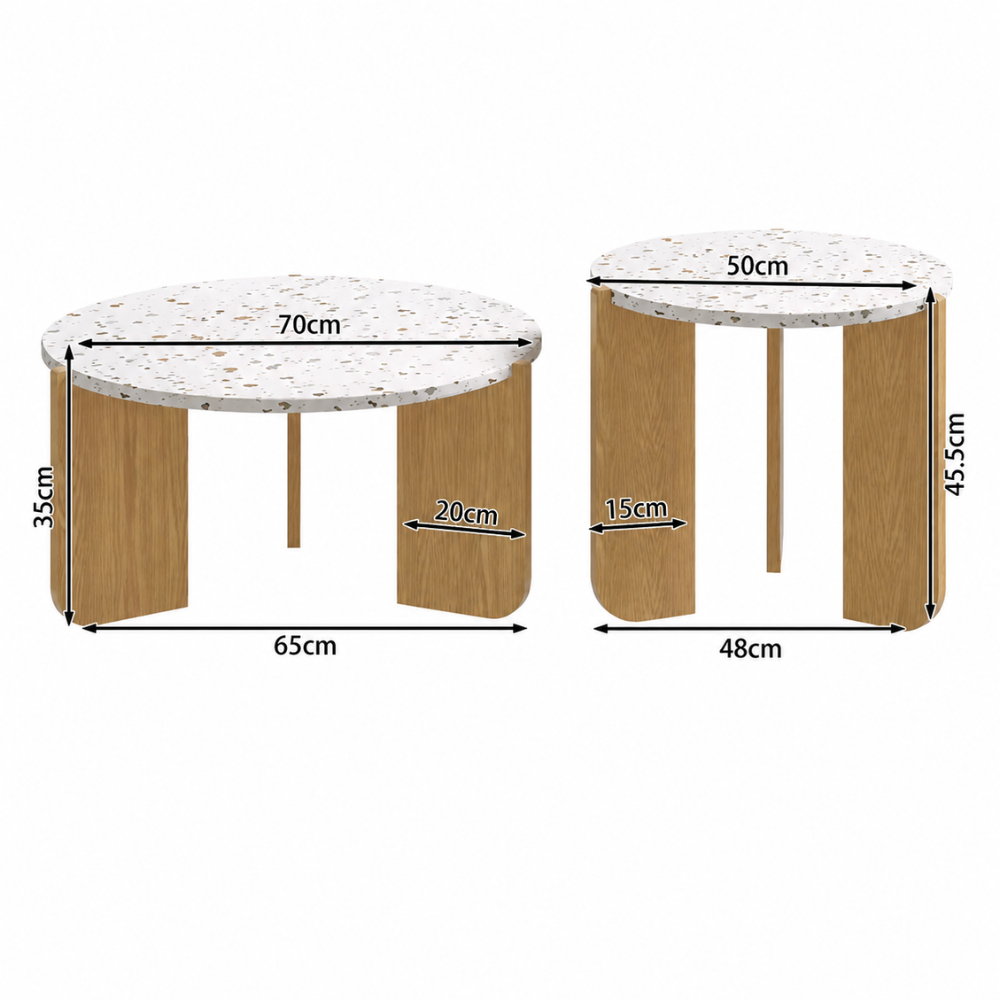 Table basse gigogne ronde effet terrazzo — lot de 2, pieds bois