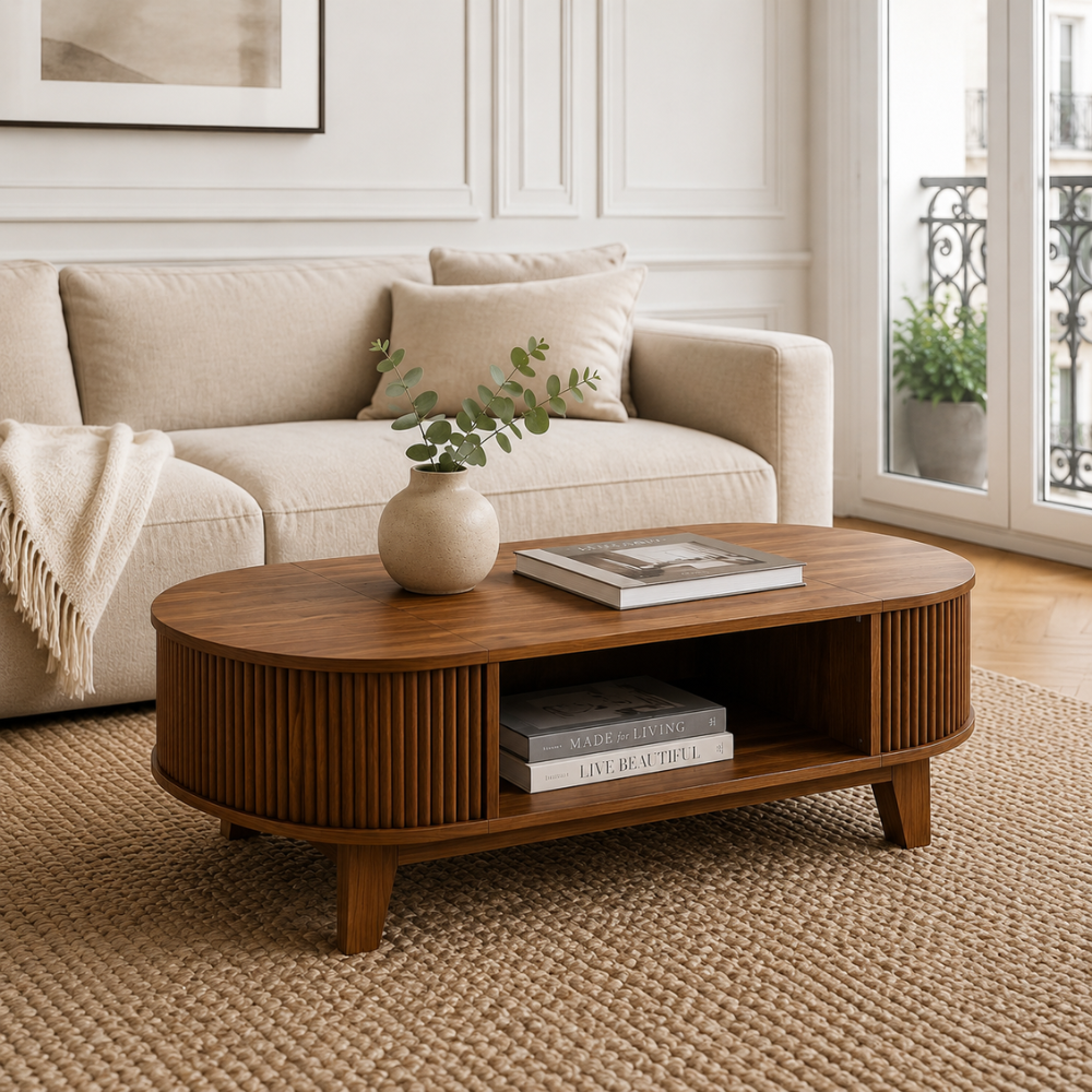 Table basse bois ovale finition noyer — double rangement dissimulé