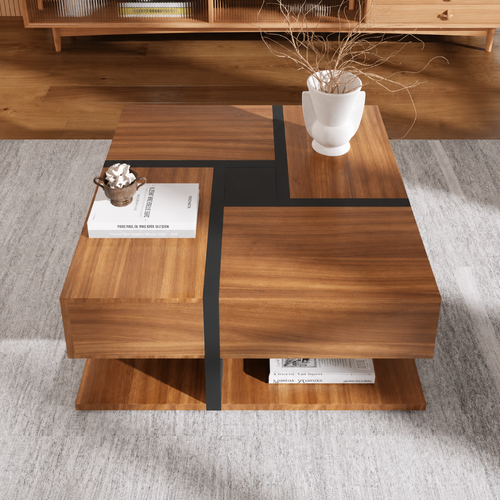 Table basse bois carrée — 4 tiroirs coulissants et design géométrique