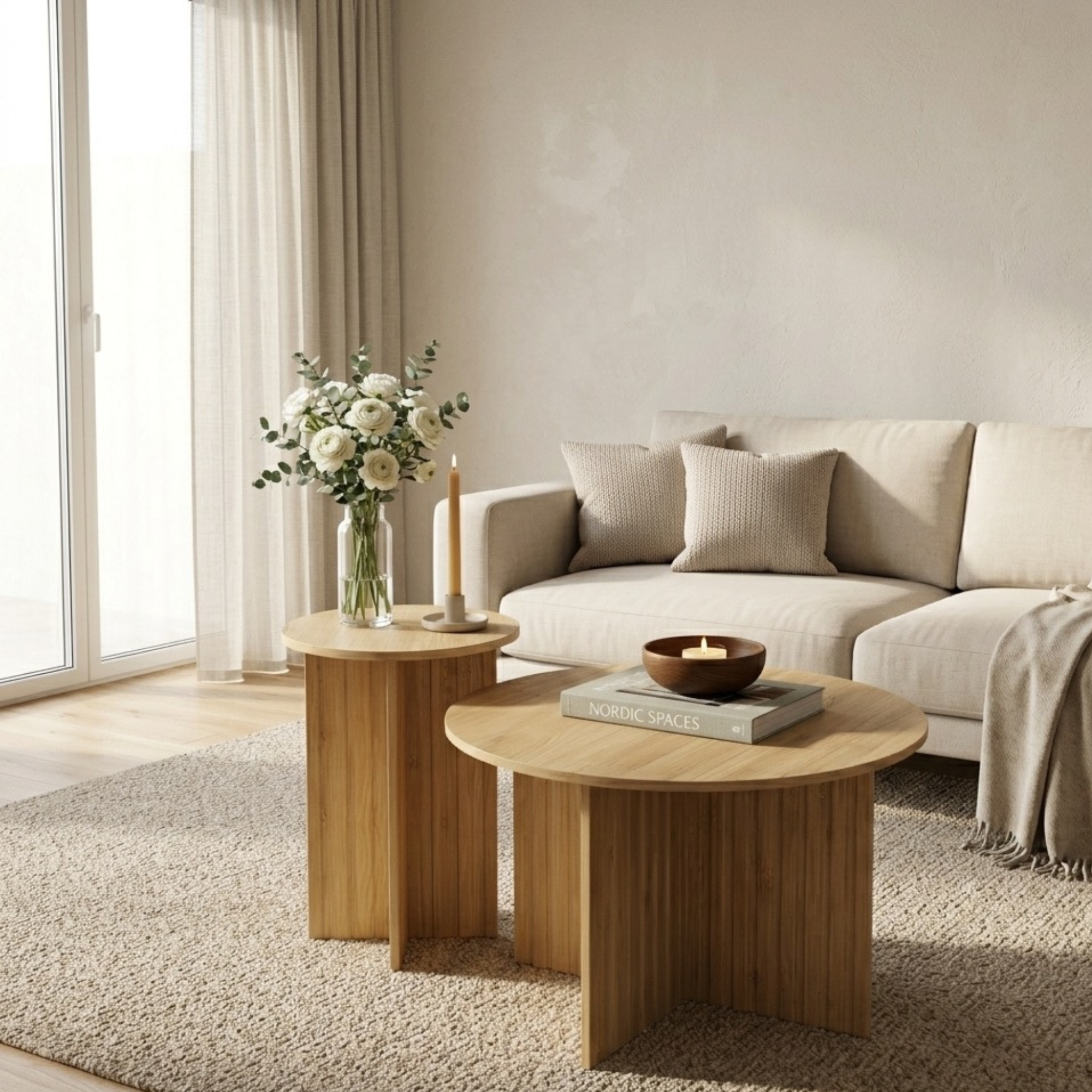 Table basse gigogne bois ronde – lot de 2 – pied central design