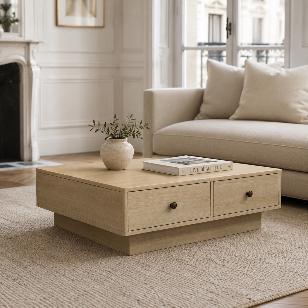 Table basse bois chêne sonoma — plateau carré 90 cm et 2 tiroirs
