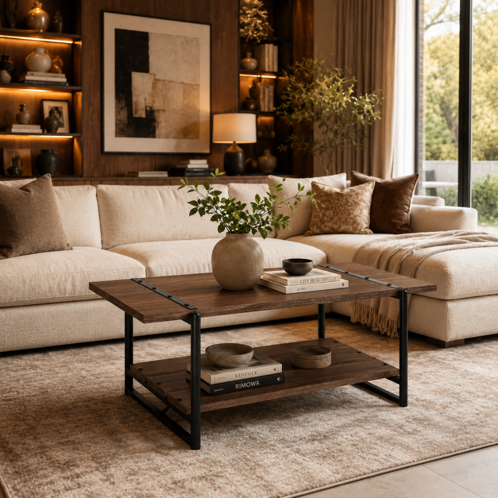 Table basse bois style ferme — plateau à lattes et cadre métal noir