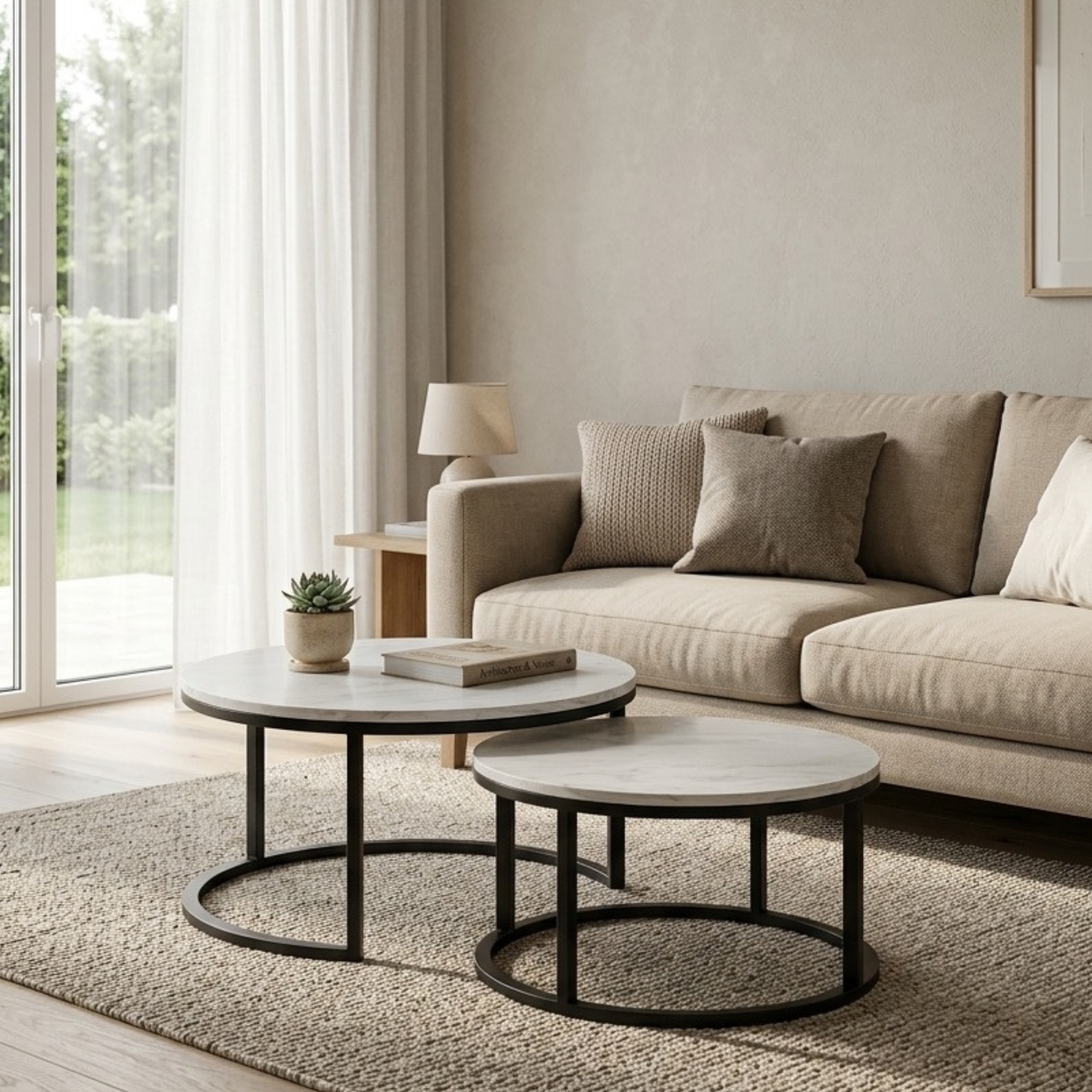 Table basse ronde gigogne effet marbre – 2 niveaux – métal noir