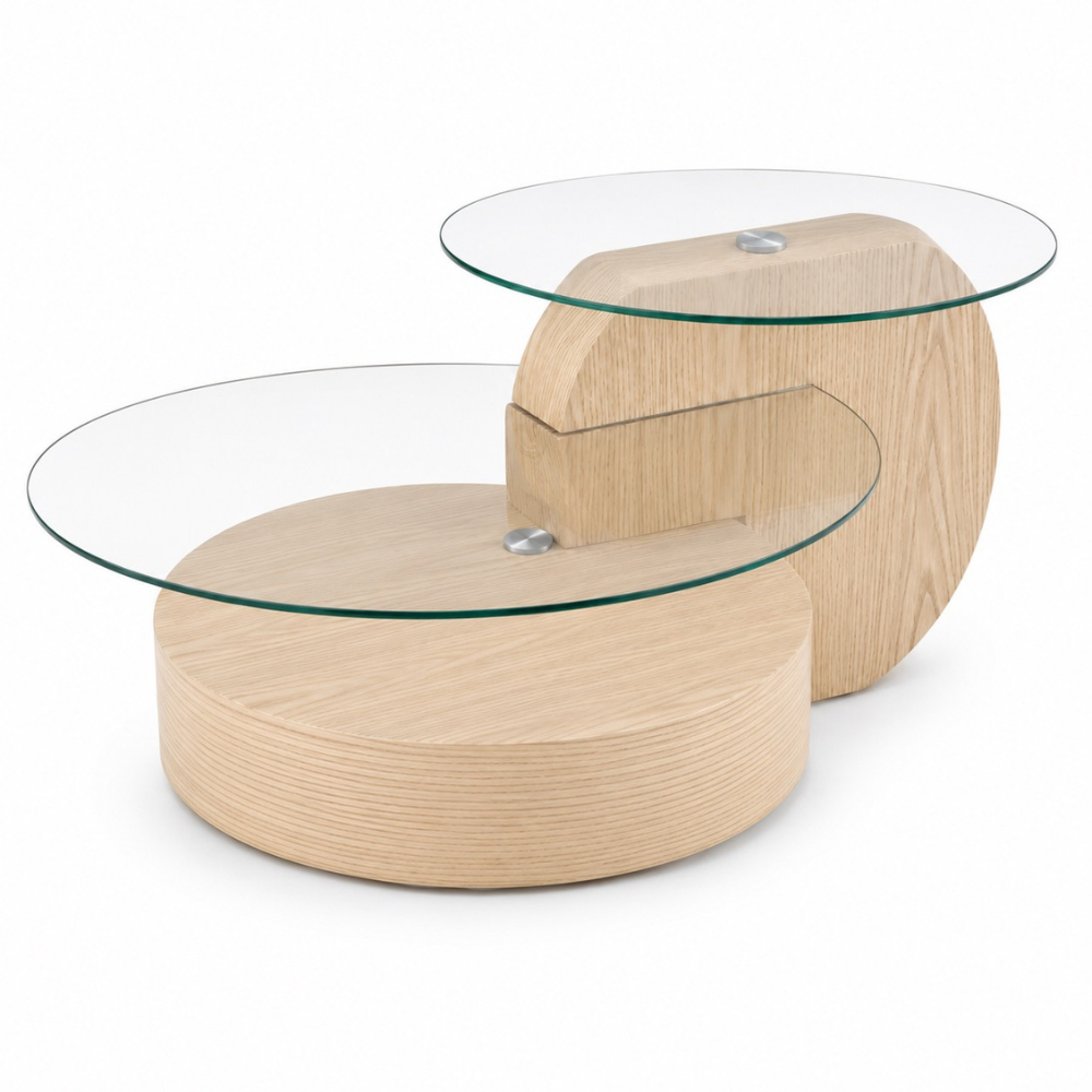 Table basse en verre et bois — 2 plateaux ronds en verre trempé