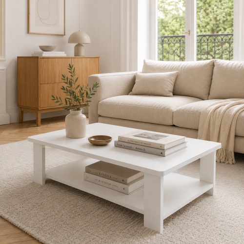 Table basse bois blanche — étagère ouverte 2 niveaux et grain de bois