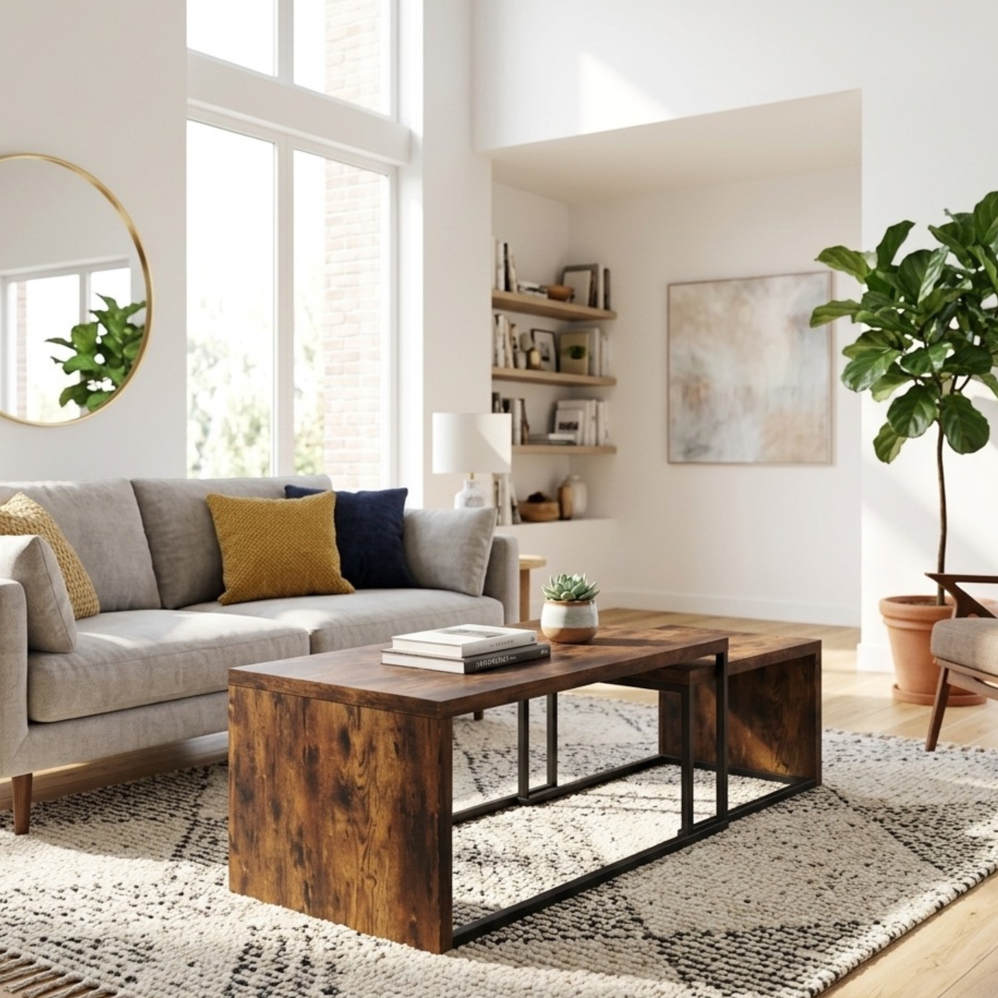 Table basse gigogne rectangulaire effet bois – lot de 2 tables avec structure métal noir