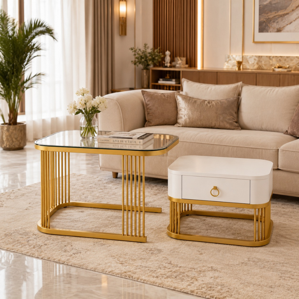 Table basse gigogne en verre et effet marbre carrée dorée 2 pièces