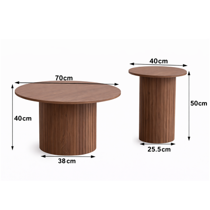 Tables basses gigognes rondes effet bois – lot de 2 – piètement colonne rainurée