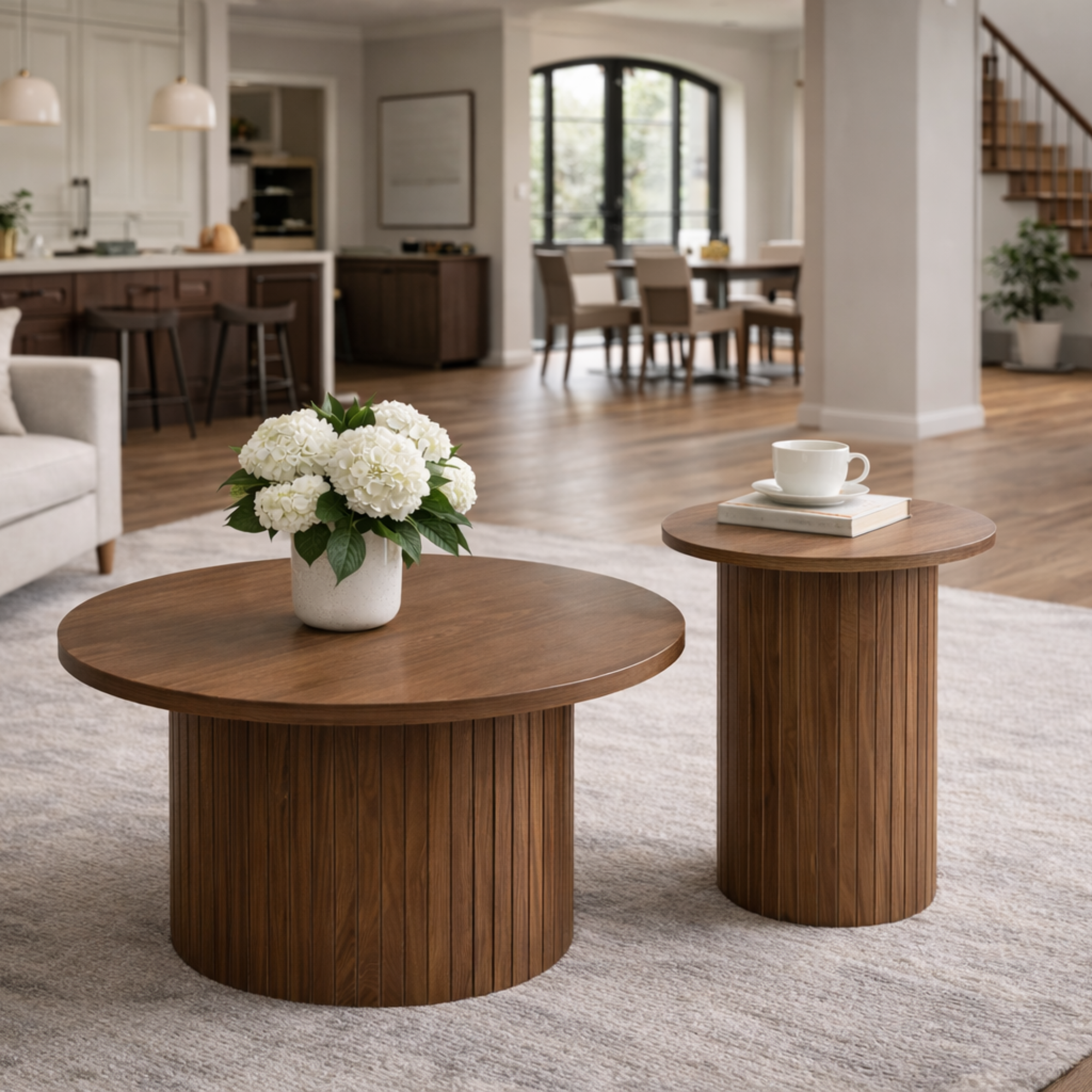 Tables basses gigognes rondes effet bois – lot de 2 – piètement colonne rainurée