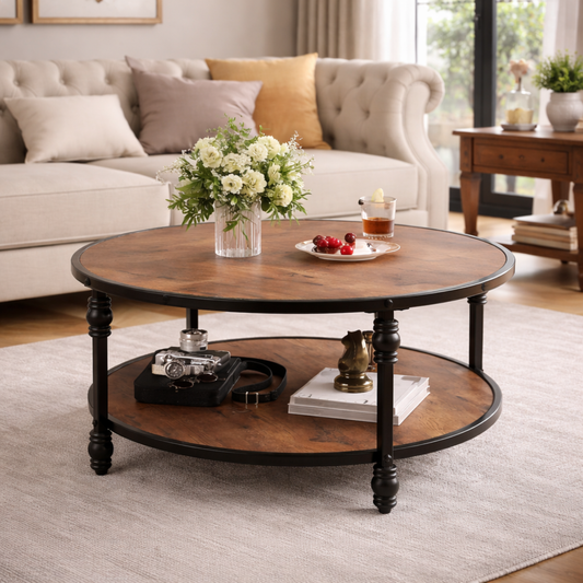 Table basse ronde effet bois – double plateau – structure métal noir