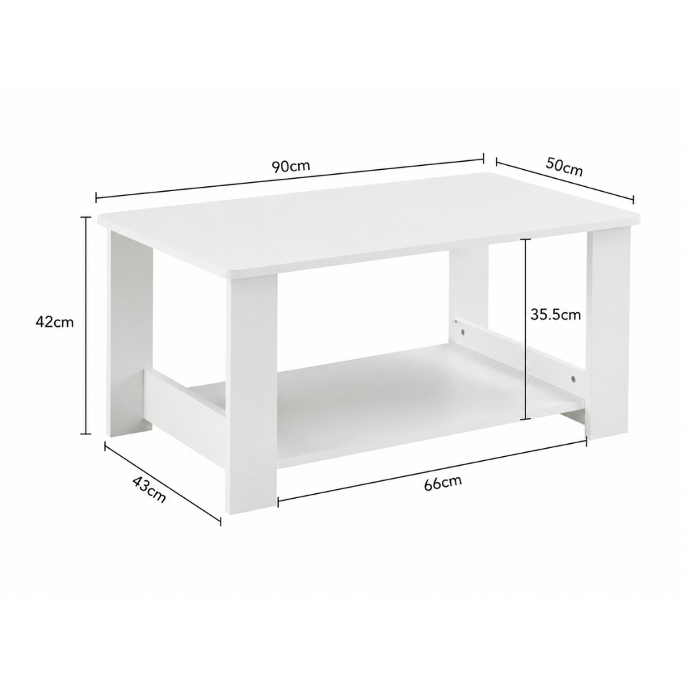 Table basse bois blanche — étagère ouverte 2 niveaux et grain de bois