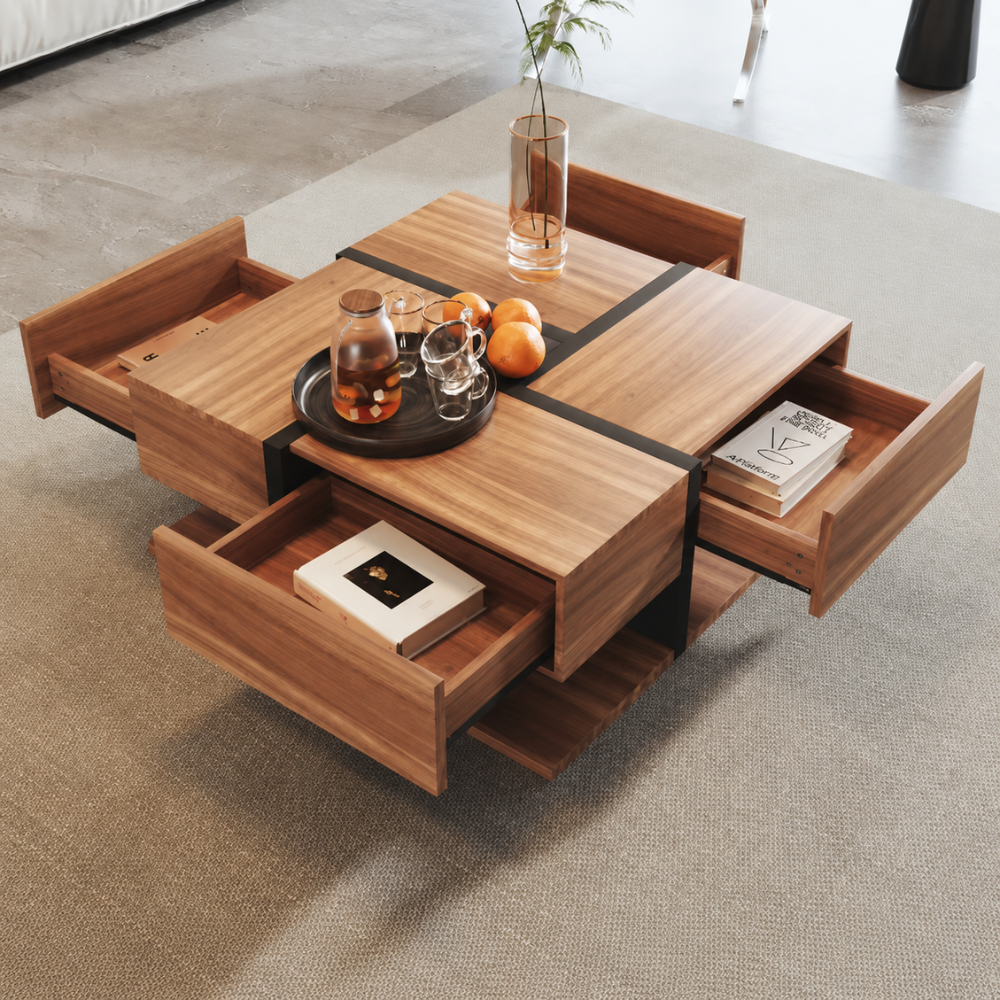 Table basse bois carrée — 4 tiroirs coulissants et design géométrique