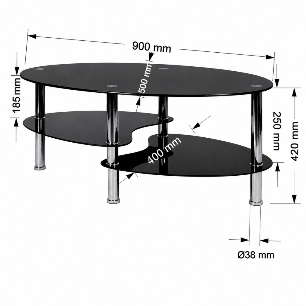 Table basse en verre ovale noir — 3 niveaux et pieds chromés