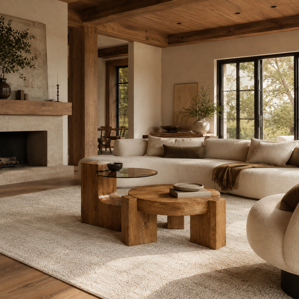 Table basse en verre et bois — ensemble modulable 2 tables, design rond