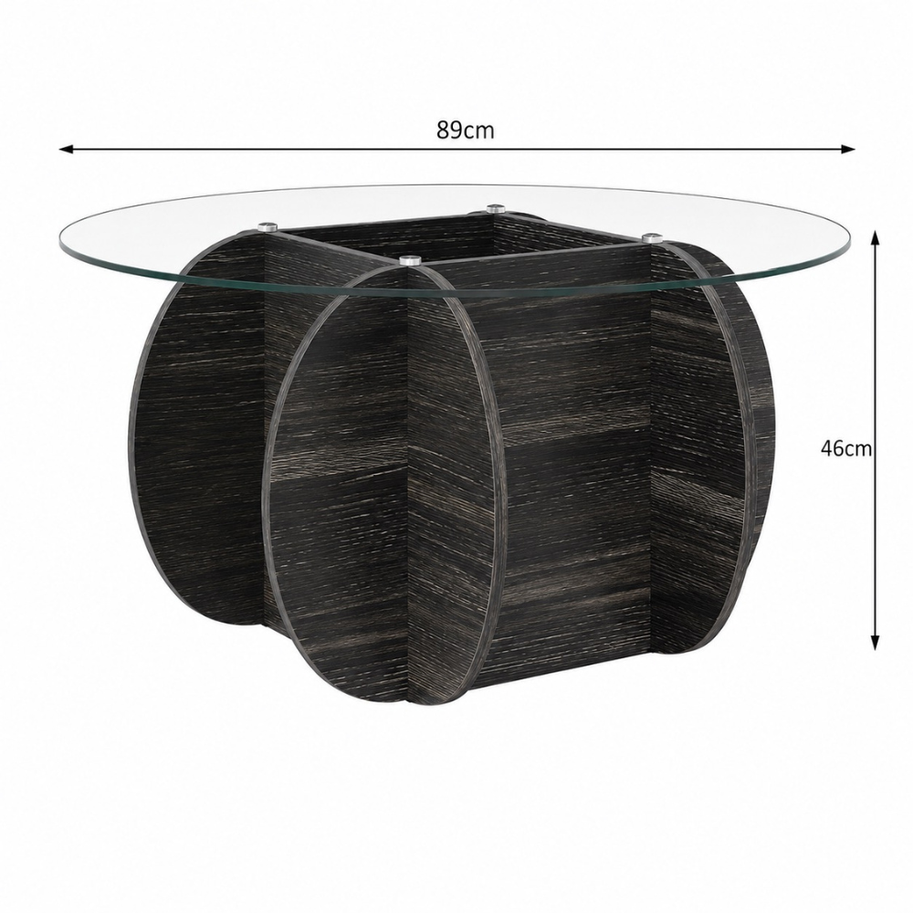 Table basse en verre trempé ronde, base bois massif noir