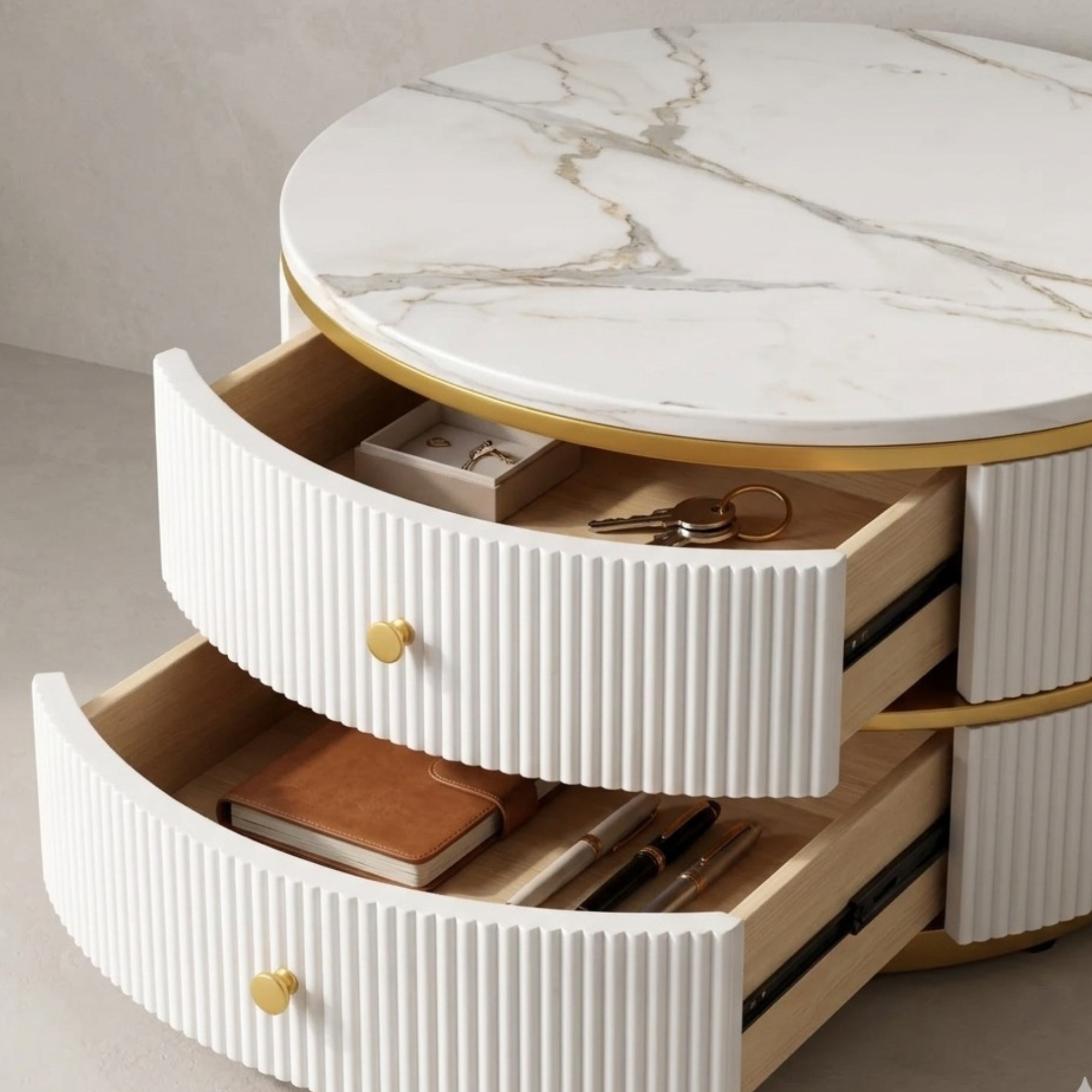 Tables basses gigognes rondes effet marbre blanc – table rangement 2 tiroirs – métal doré