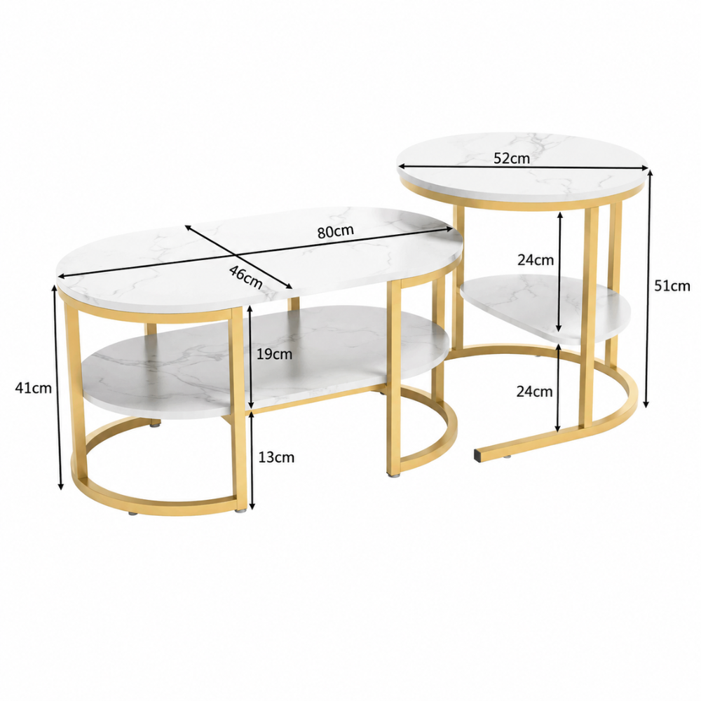 Table basse gigogne effet marbre dorée — ovale et ronde, 2-en-1