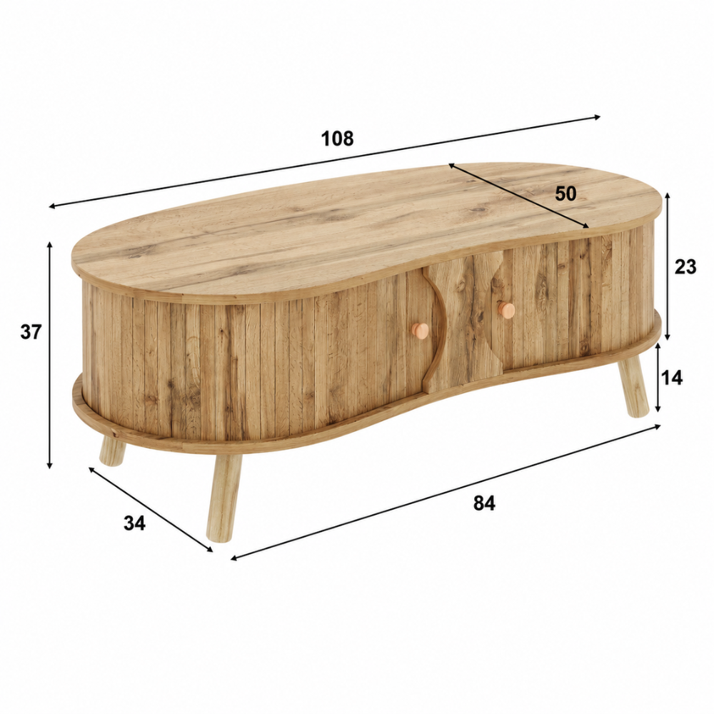 Table basse bois forme organique — portes coulissantes et façade rainurée