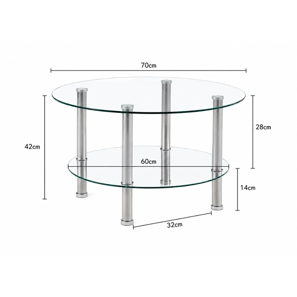 Table basse en verre ronde — 2 niveaux et pieds métal argenté