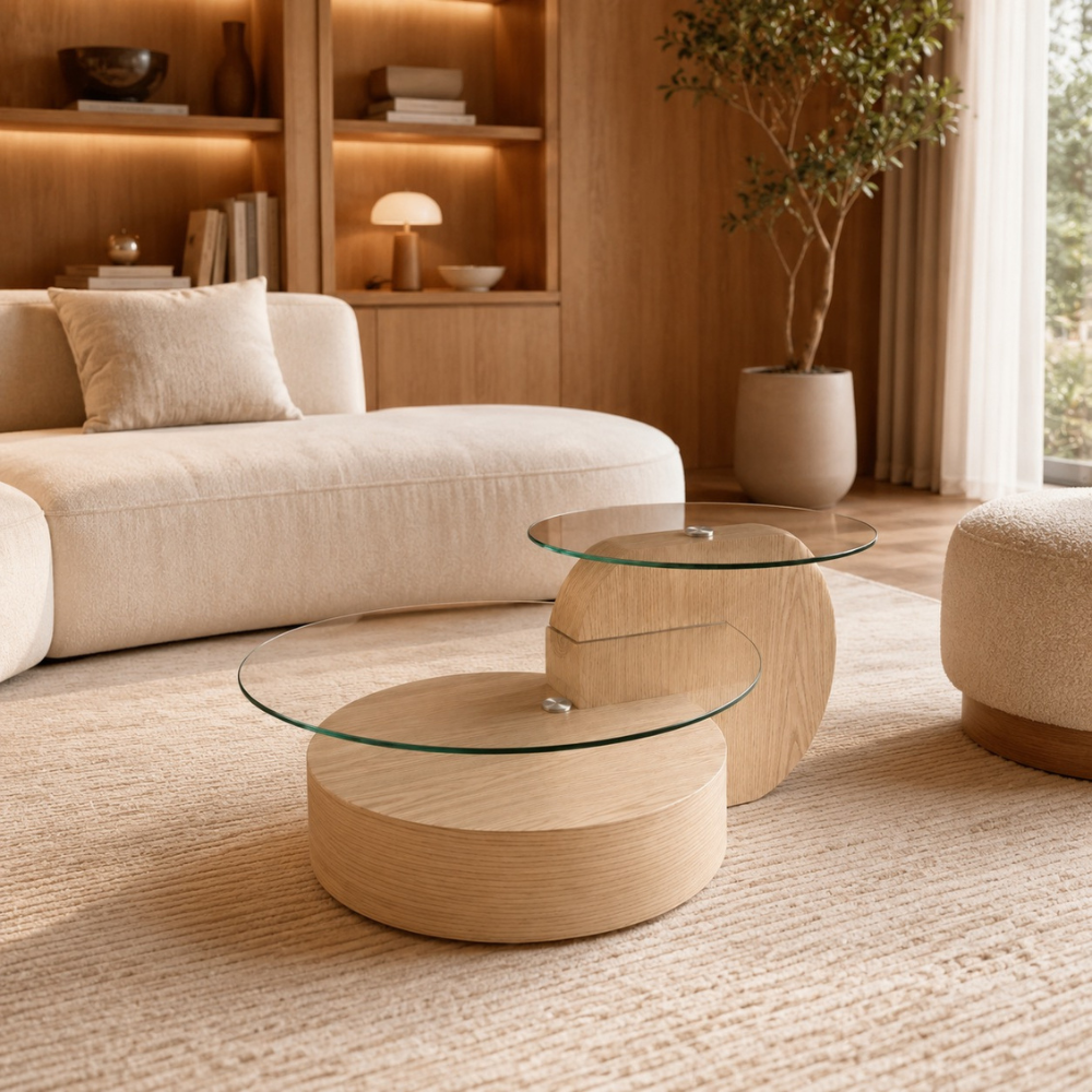 Table basse en verre et bois — 2 plateaux ronds en verre trempé