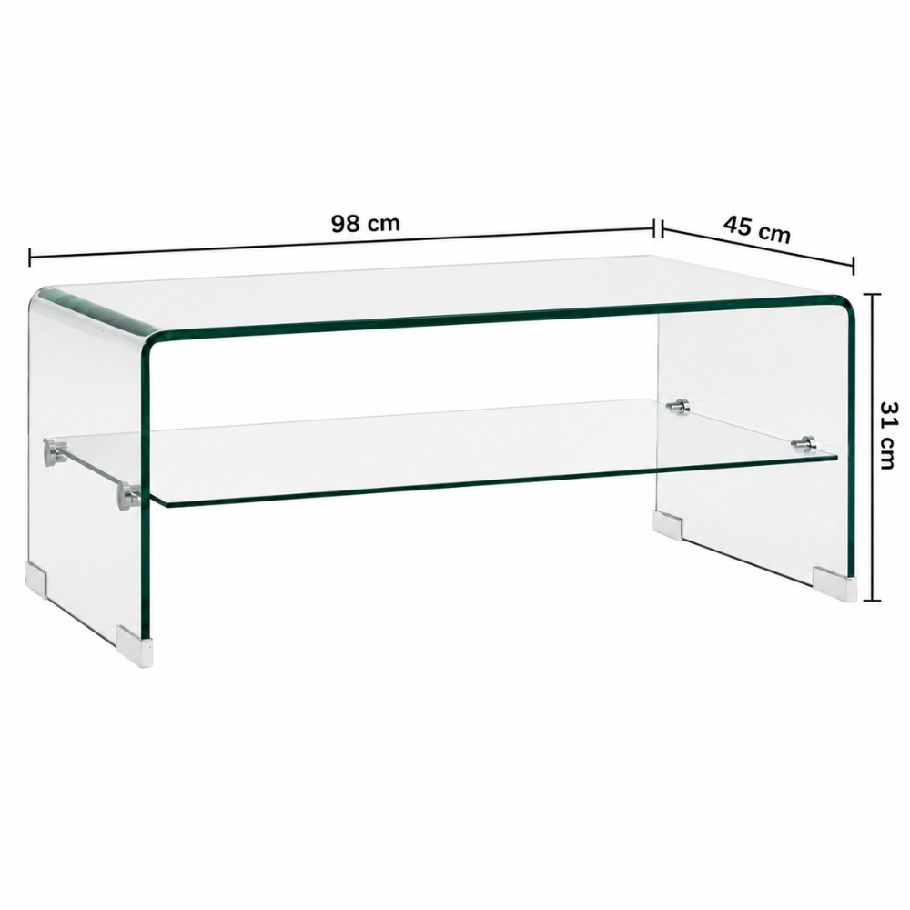 Table basse en verre courbé — design monobloc et étagère transparente