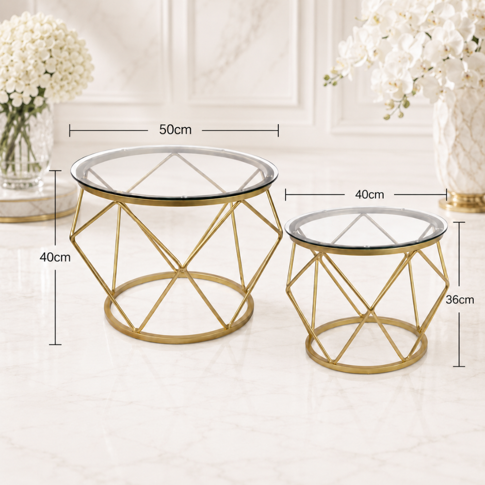 Table basse gigogne en verre trempé ronde dorée — lot de 2
