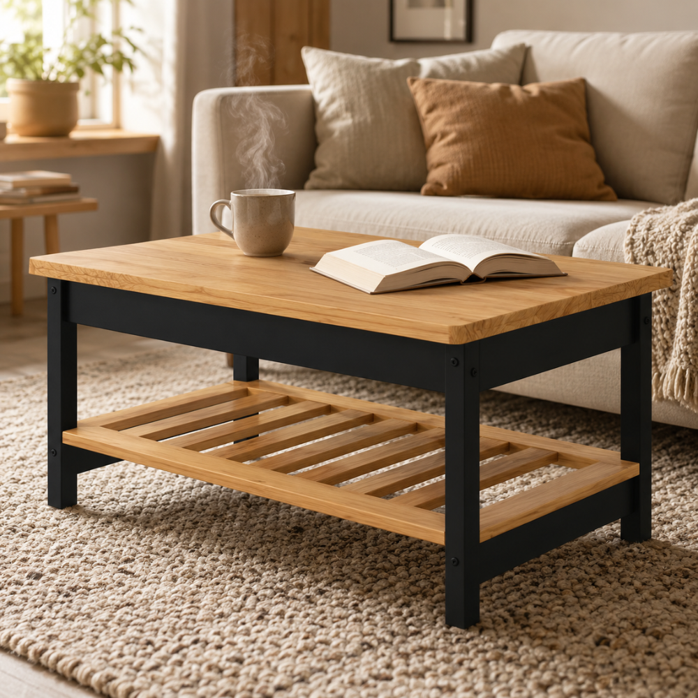 Table basse en bois de pin massif noir avec rangement