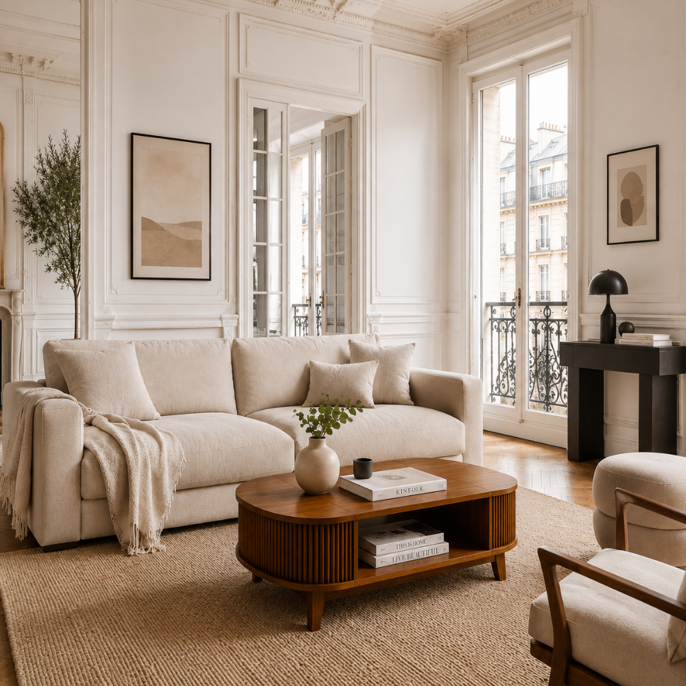 Table basse bois ovale finition noyer — double rangement dissimulé
