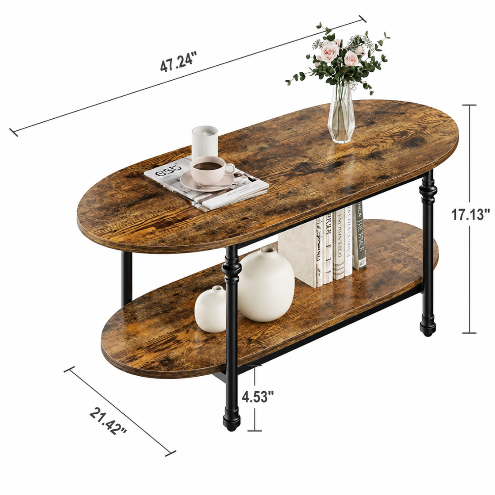 Table basse bois ovale 2 niveaux — pieds colonne en métal noir