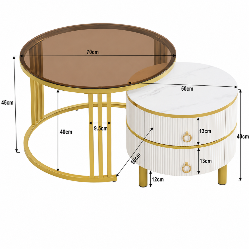 Table basse gigogne en verre trempé ronde 2-en-1 à tiroirs