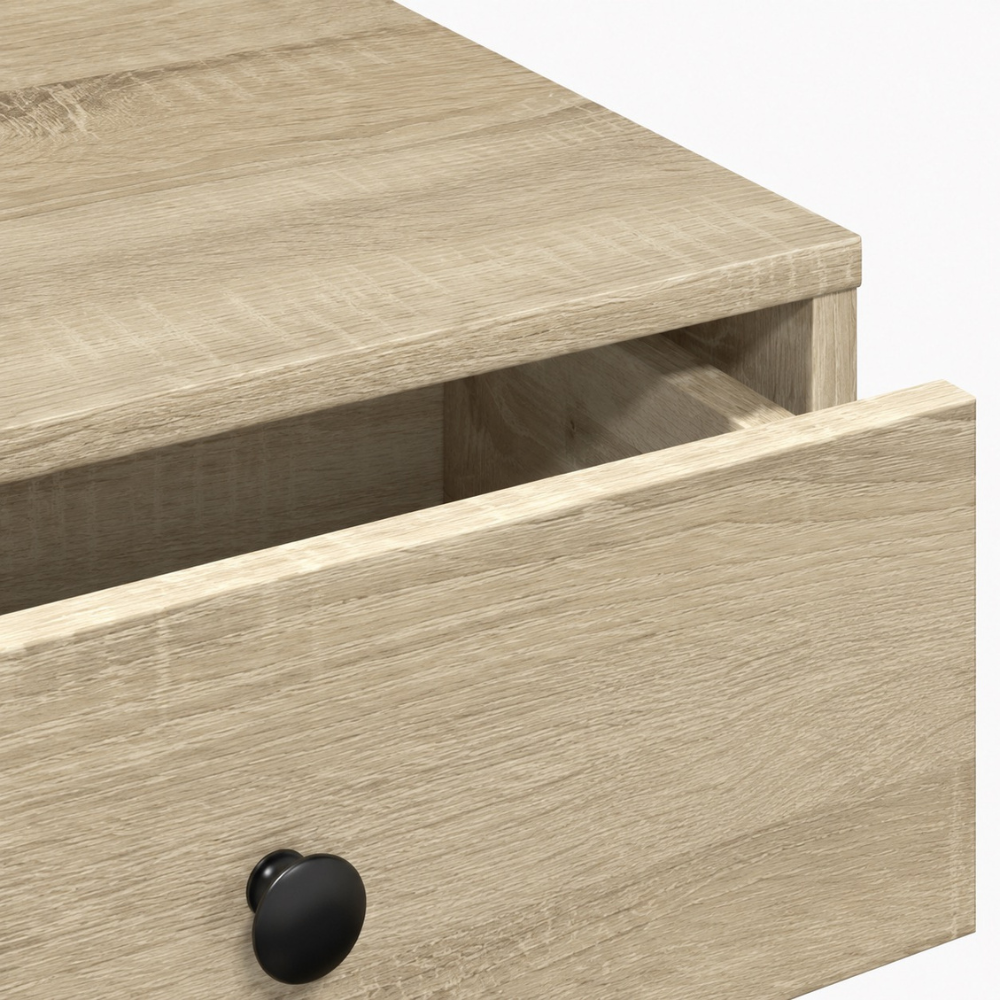 Table basse bois chêne sonoma — plateau carré 90 cm et 2 tiroirs