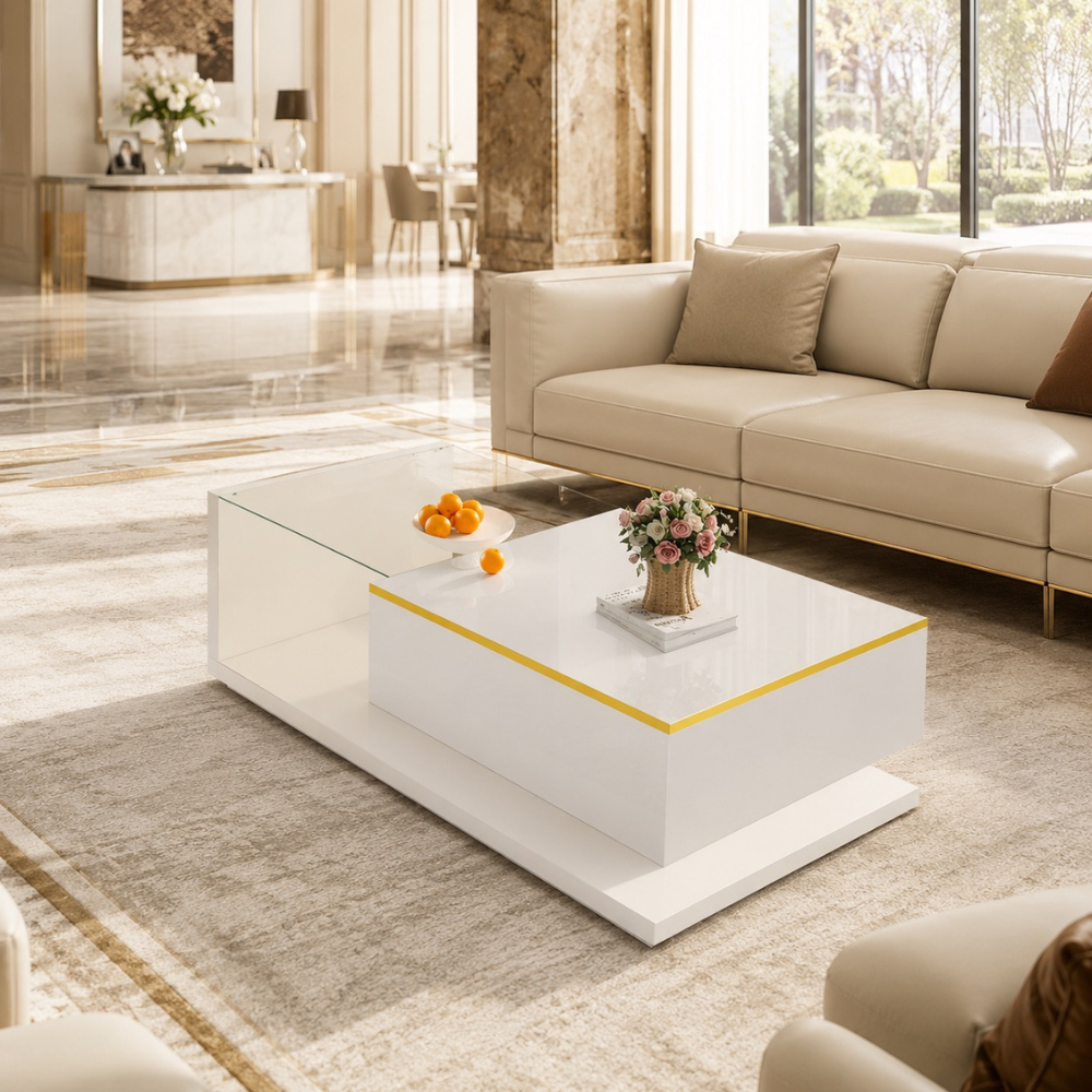 Table basse en verre design LED blanc brillant