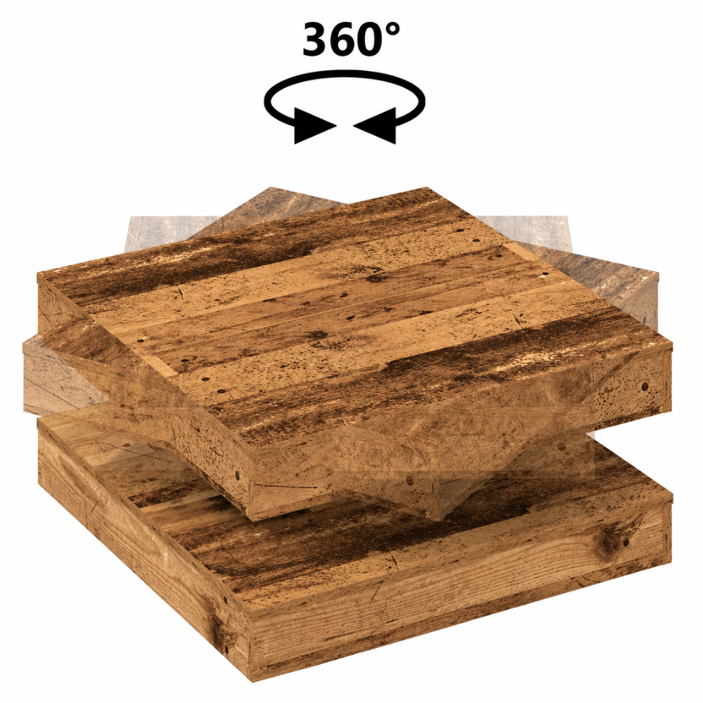 Table basse bois vieilli — plateau rotatif 360 degrés, 70 x 70 cm
