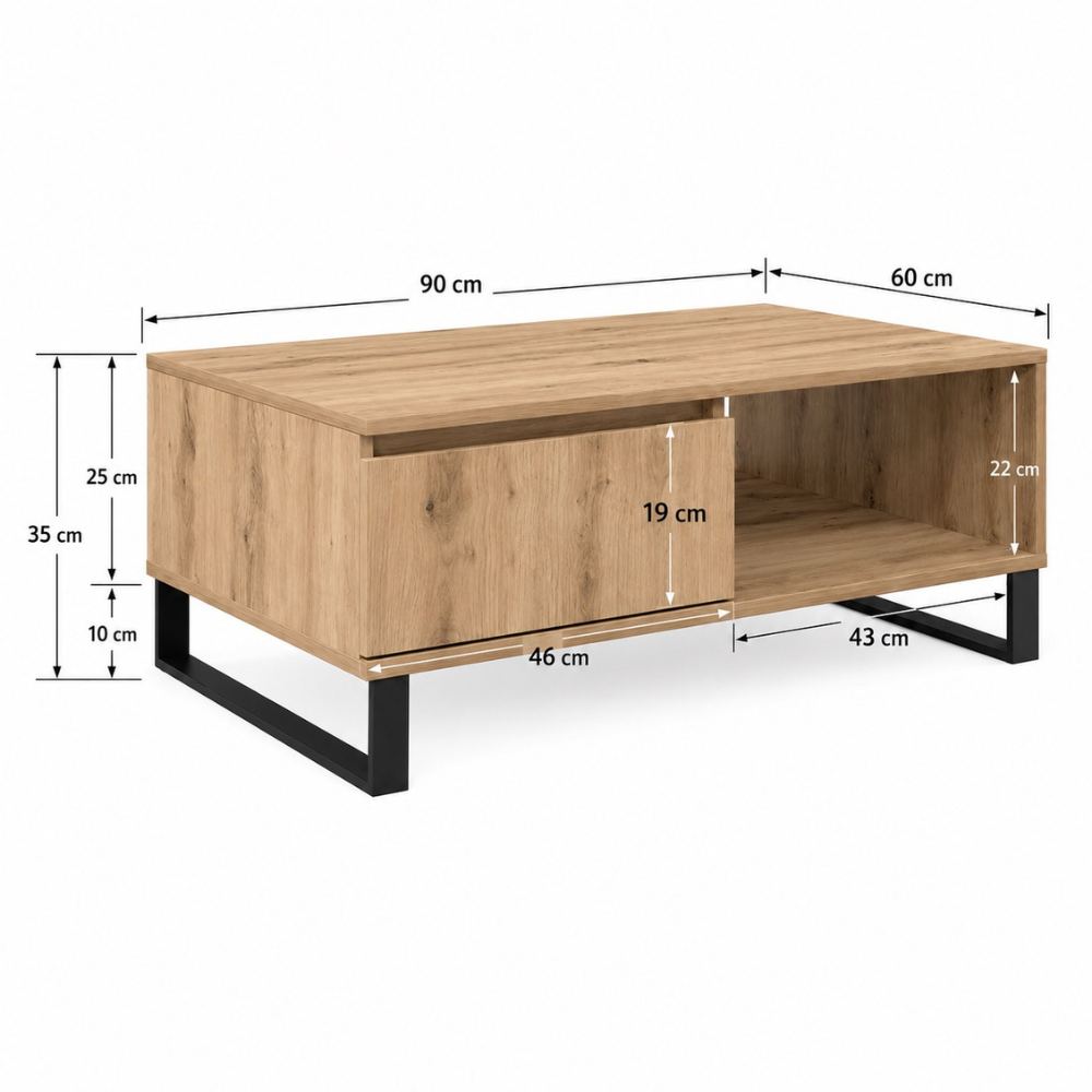 Table basse bois chêne artisan rectangulaire avec étagère 90 cm