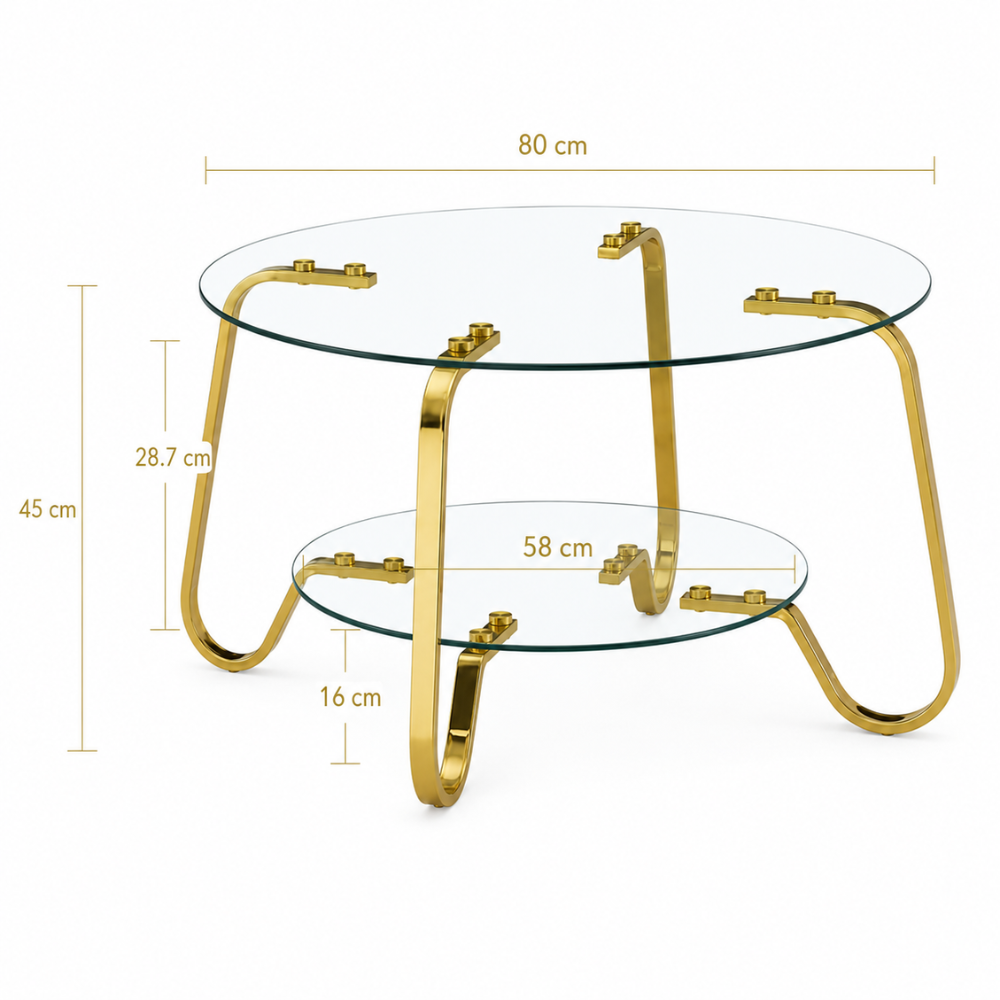 Table basse en verre trempé ronde, pieds dorés – 2 plateaux