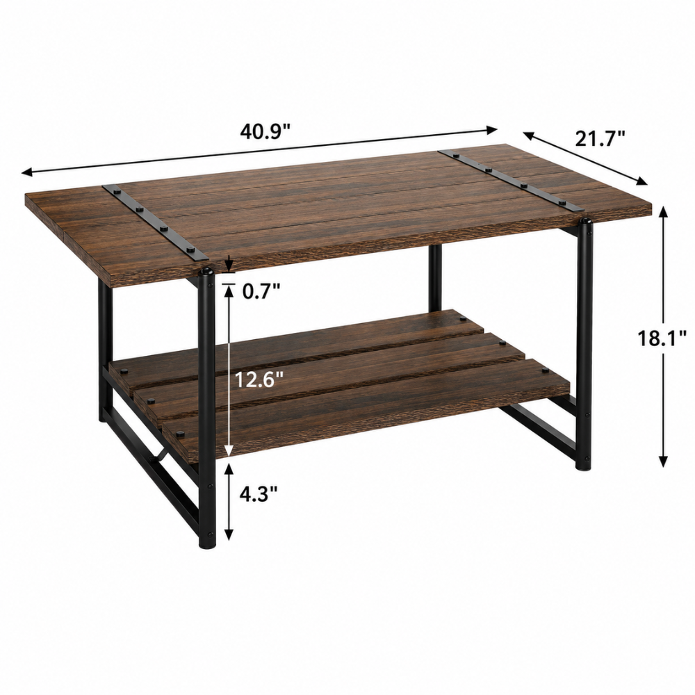 Table basse bois style ferme — plateau à lattes et cadre métal noir