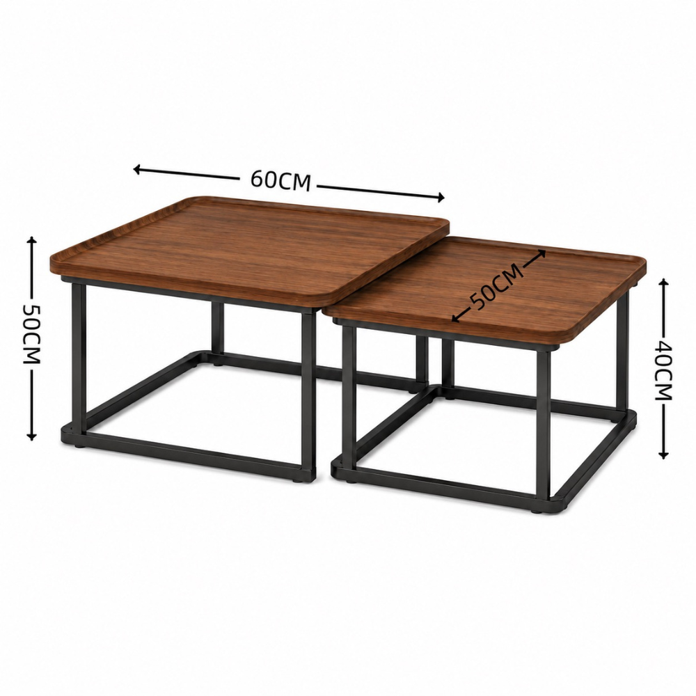 Table basse gigogne carrée en bois et métal — lot de 2 cannelée
