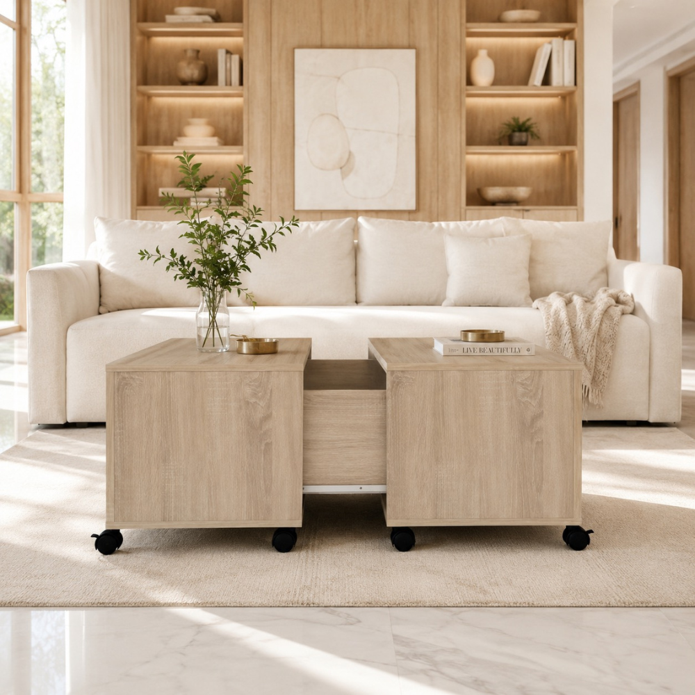 Table basse bois carrée chêne Sonoma — roulettes et rangement 75 cm