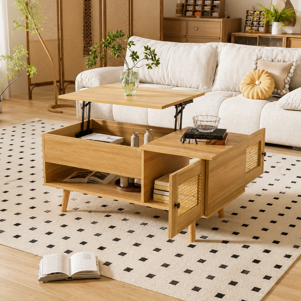 Table basse bois plateau relevable — porte rotin et accents noirs