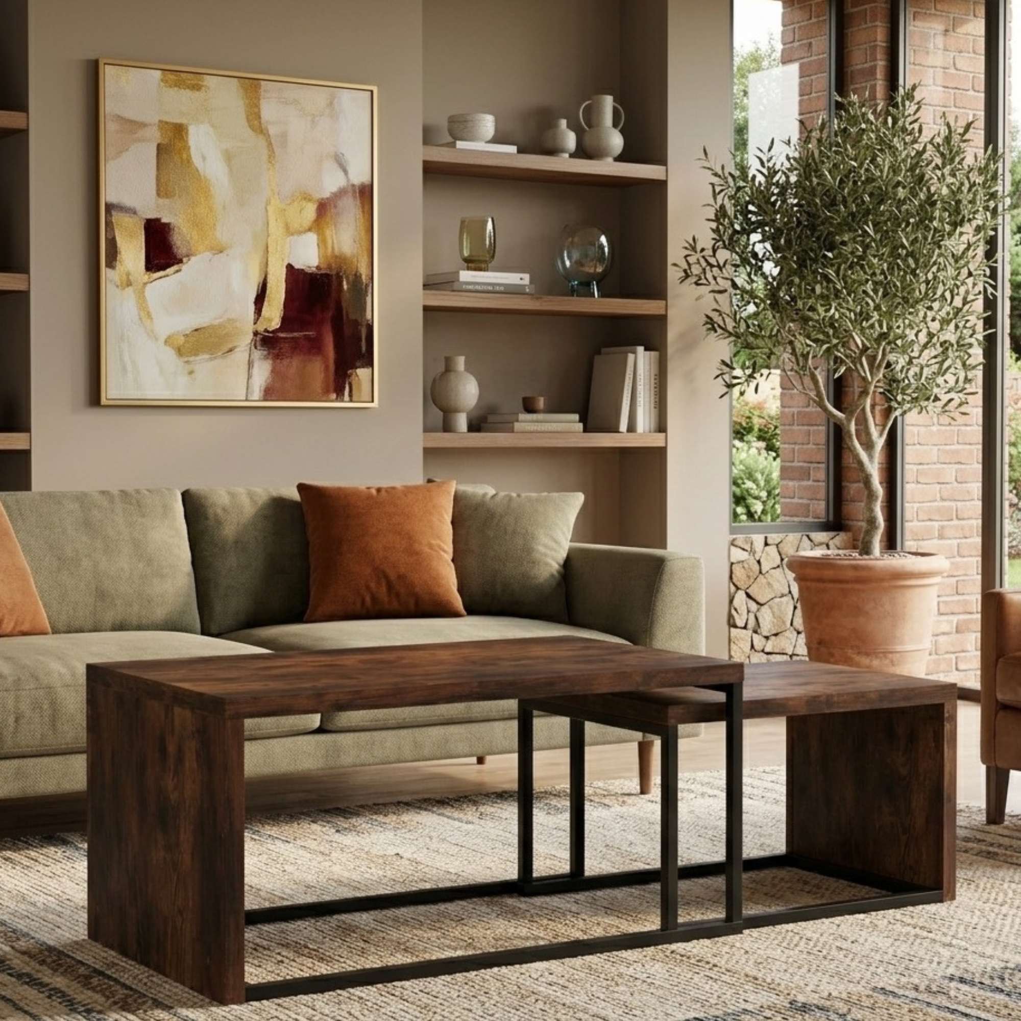 Table basse gigogne rectangulaire effet bois – lot de 2 tables avec structure métal noir