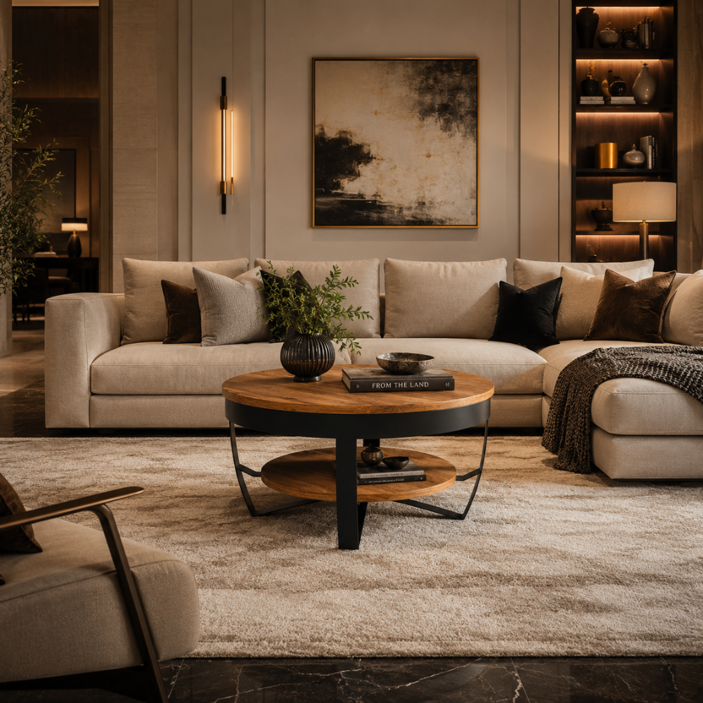 Table basse bois massif d'acacia — plateau rond 65 cm et base acier