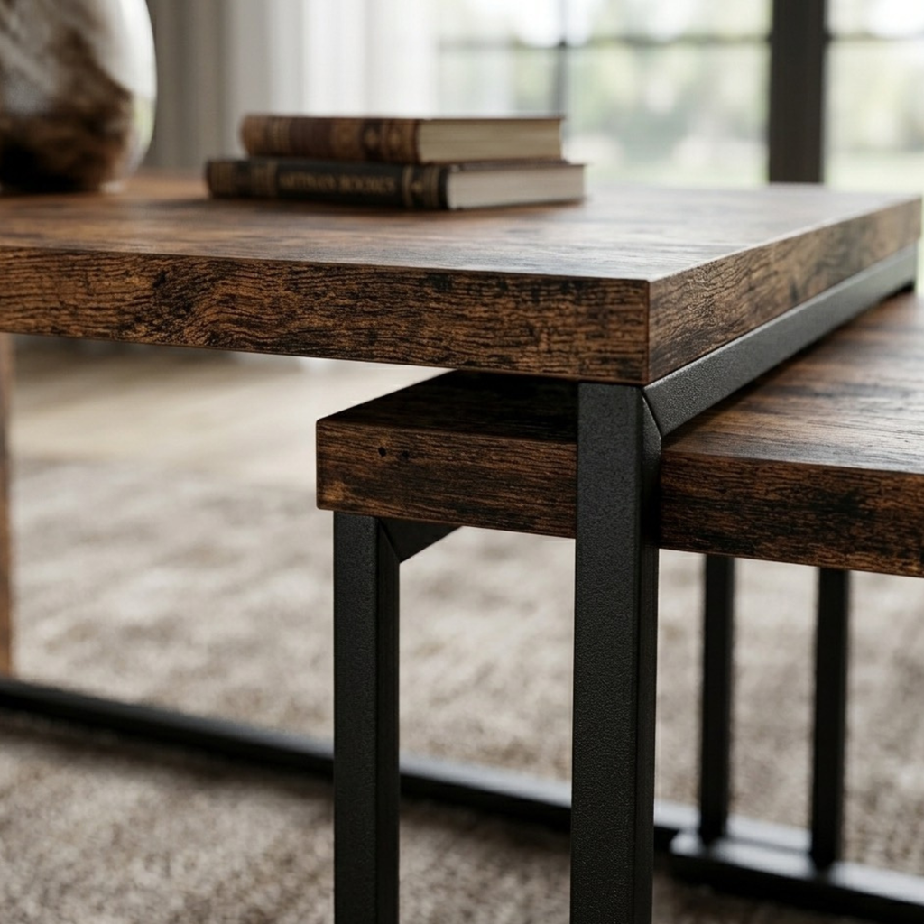 Table basse gigogne rectangulaire effet bois – lot de 2 tables avec structure métal noir
