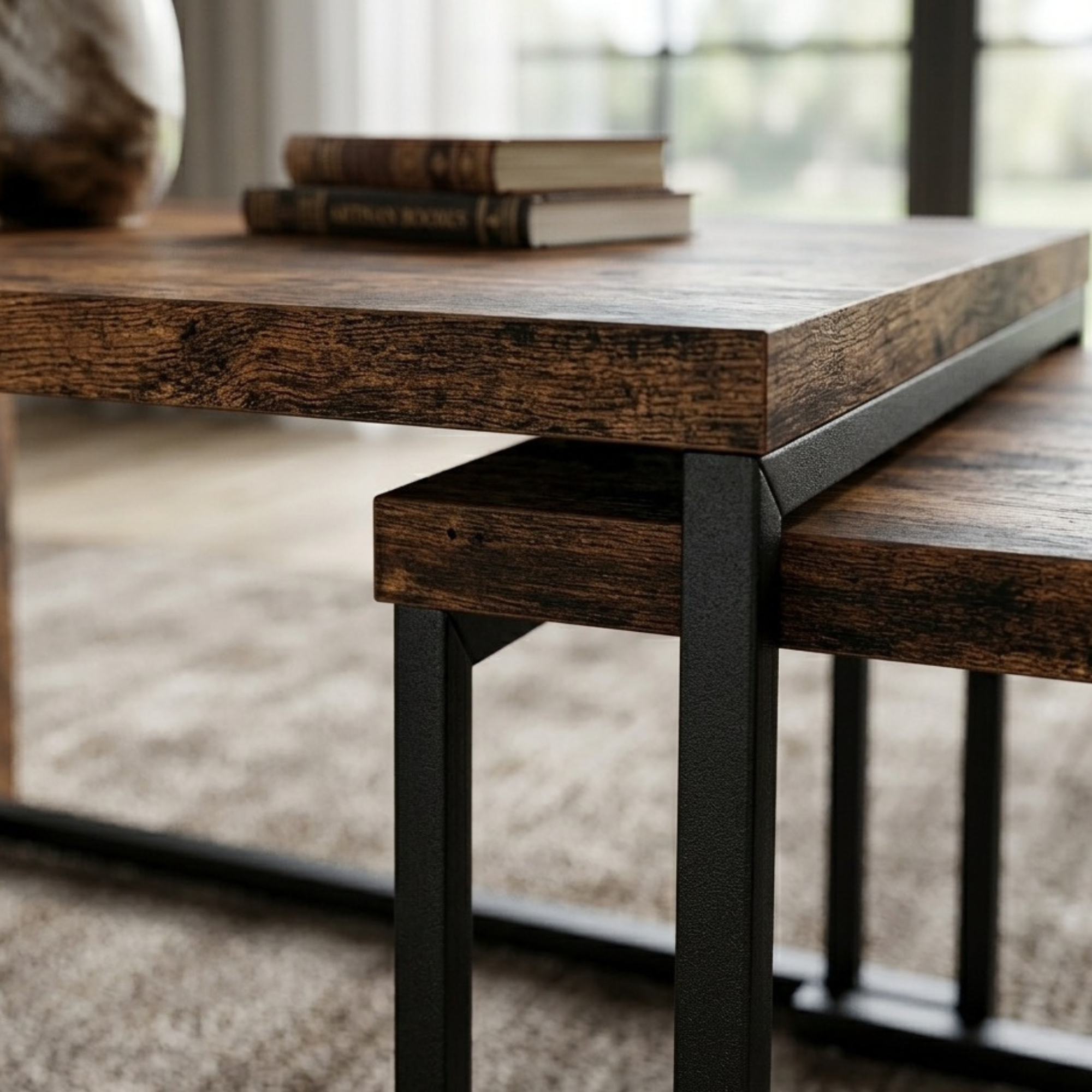 Table basse gigogne rectangulaire effet bois – lot de 2 tables avec structure métal noir