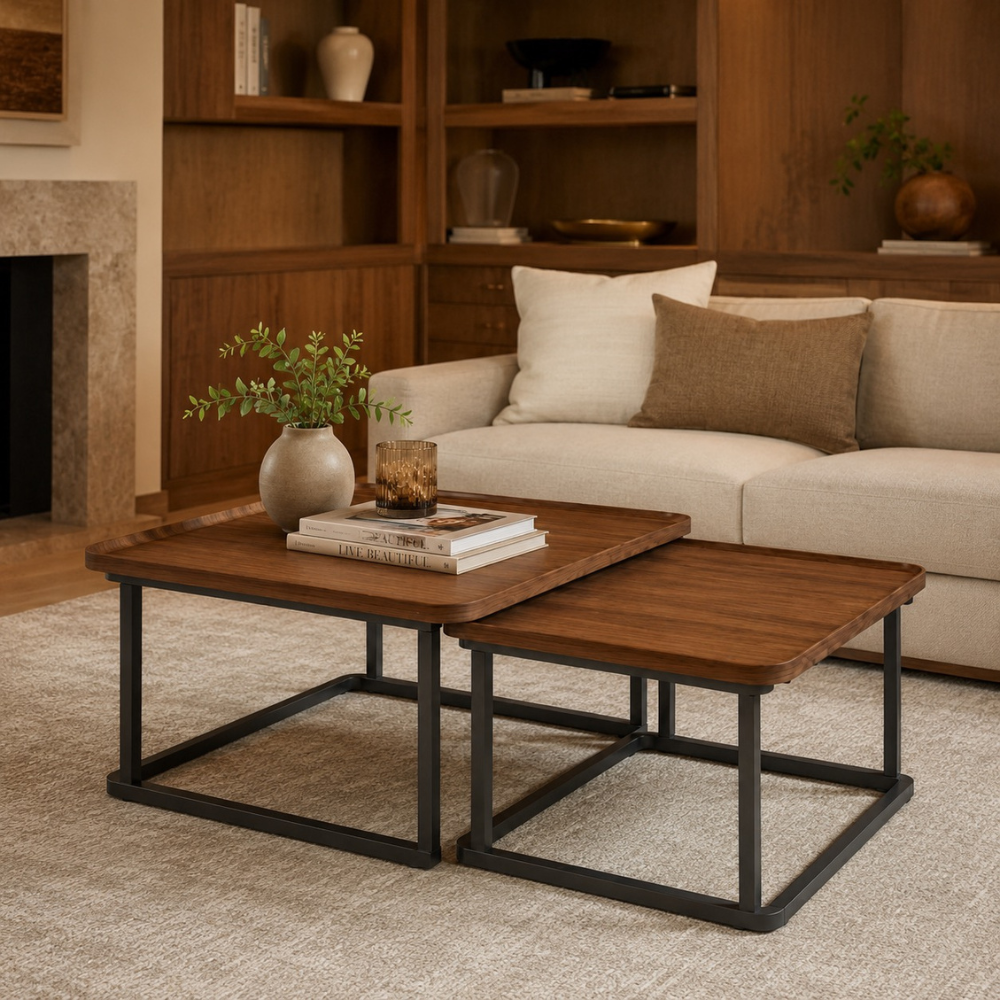 Table basse gigogne carrée en bois et métal — lot de 2 cannelée