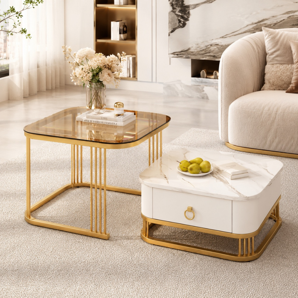 Table basse gigogne en verre et effet marbre carrée dorée 2 pièces