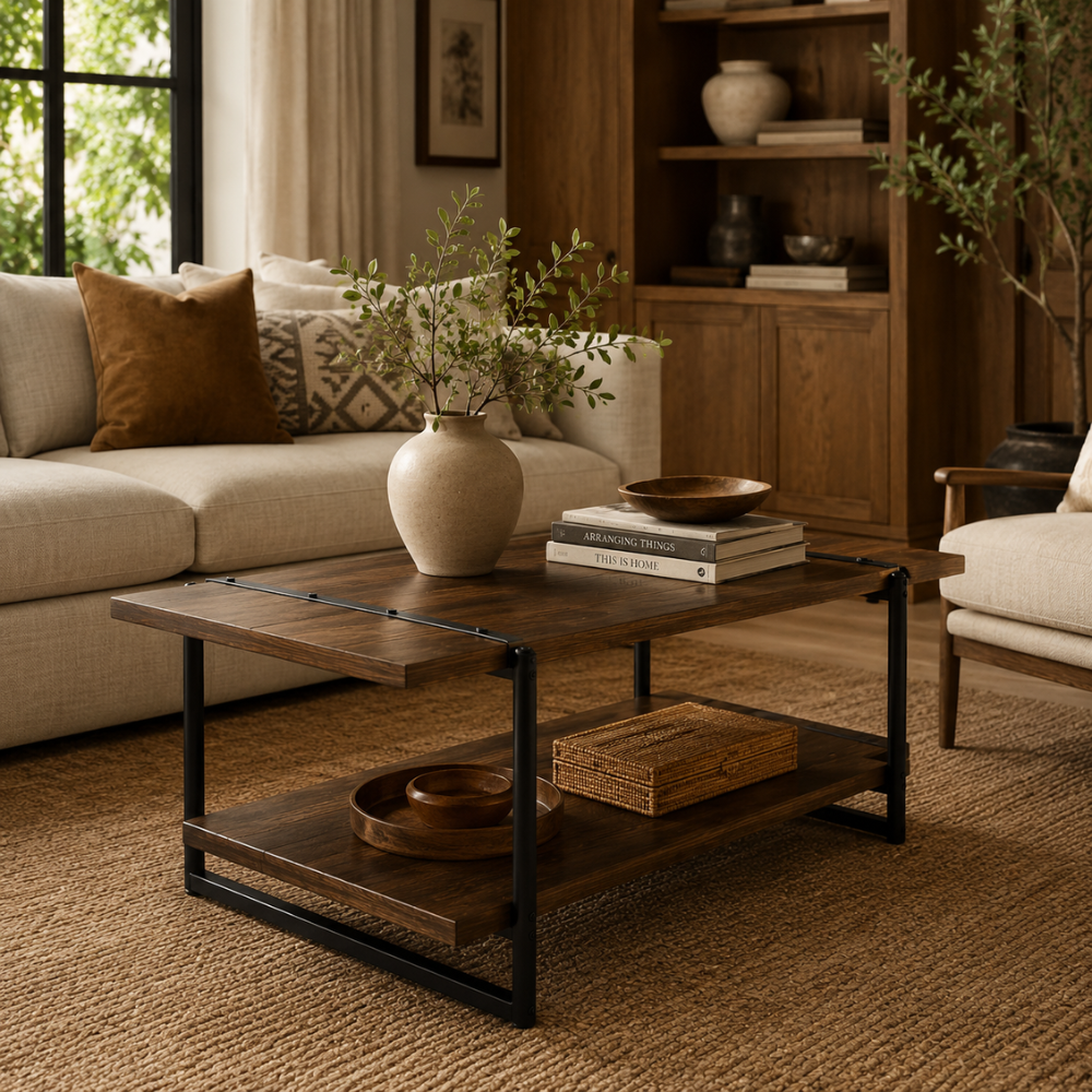 Table basse bois style ferme — plateau à lattes et cadre métal noir