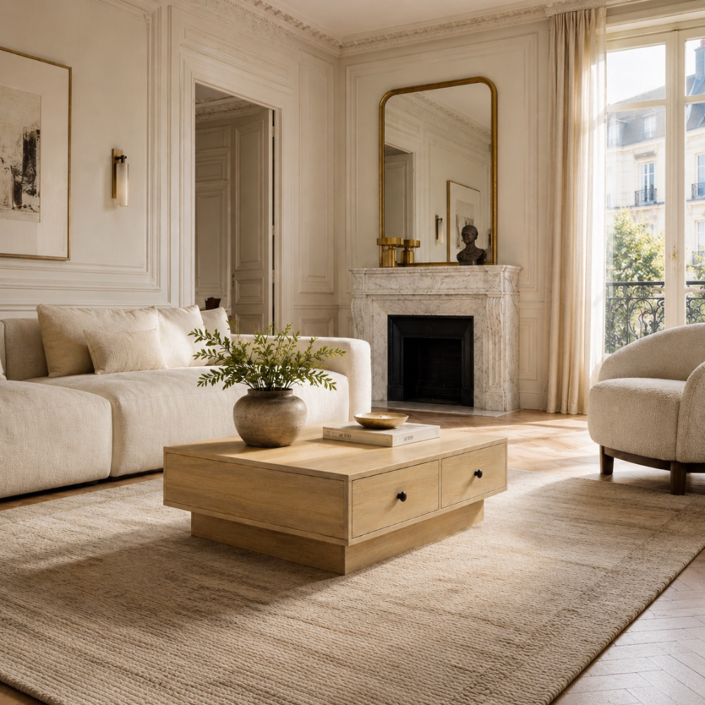 Table basse bois chêne sonoma — plateau carré 90 cm et 2 tiroirs