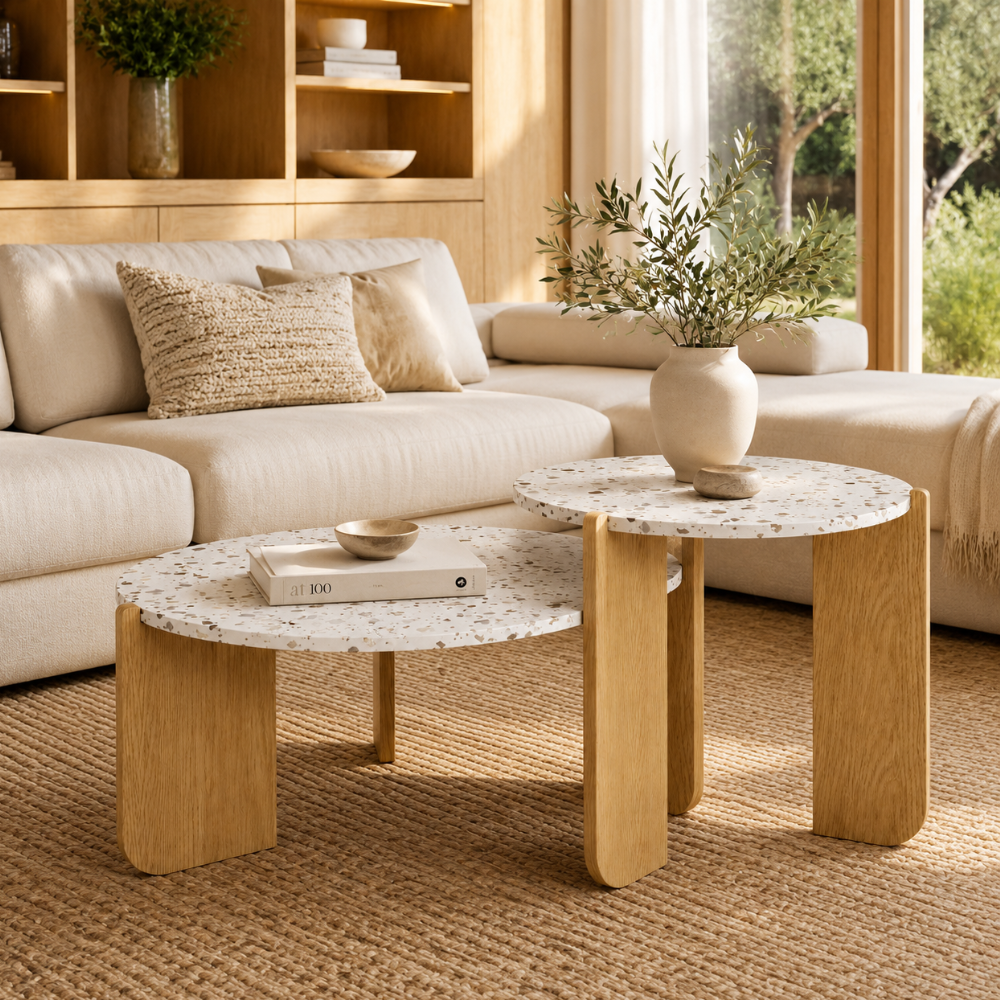 Table basse gigogne ronde effet terrazzo — lot de 2, pieds bois