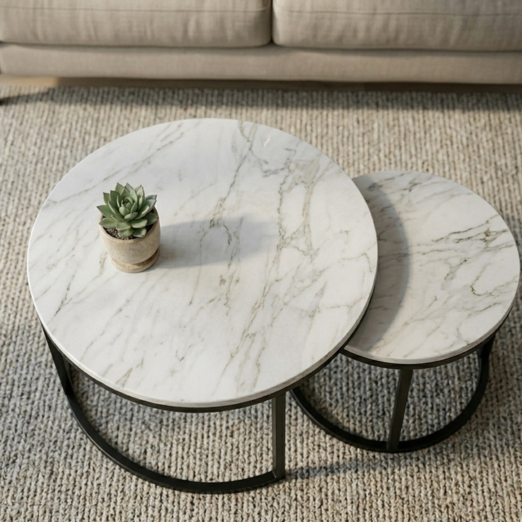 Table basse ronde gigogne effet marbre – 2 niveaux – métal noir